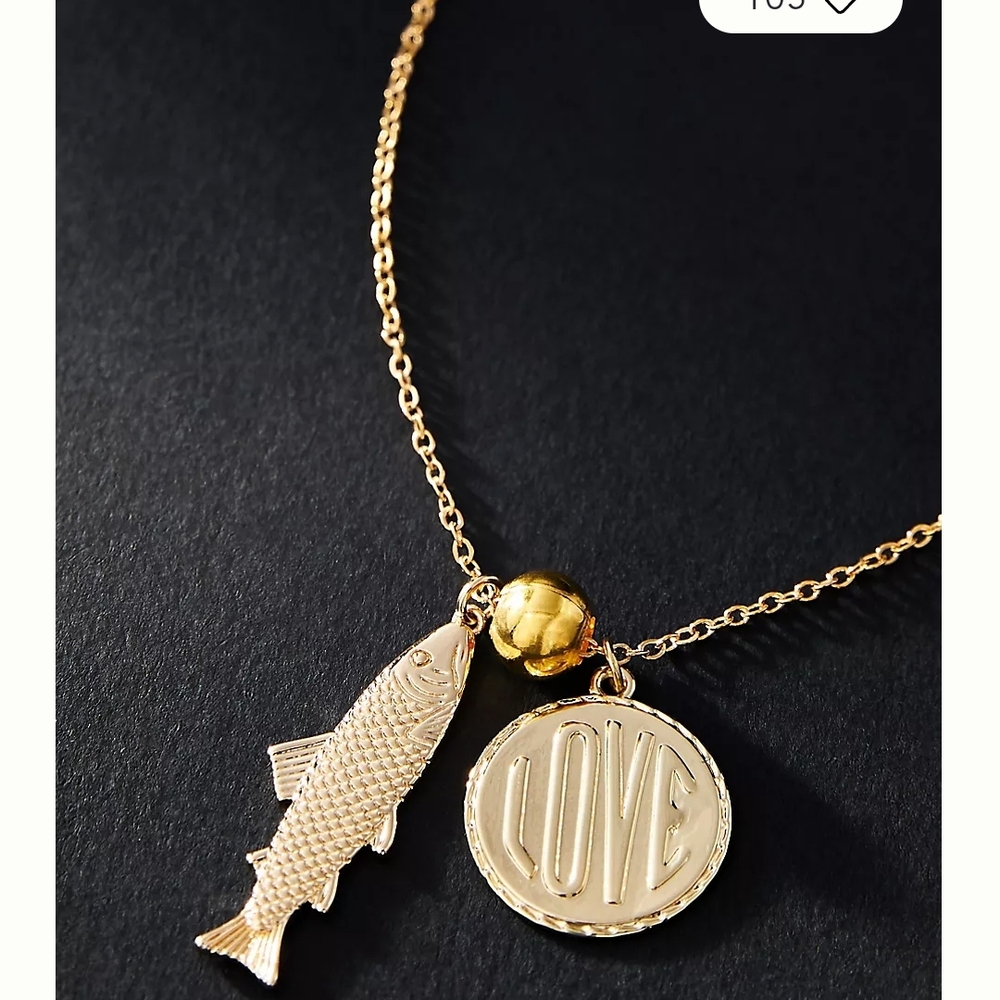 Anthropologie Gold Fish and Love Charm Necklace